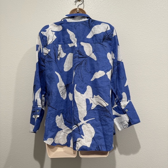 Chicos Linen Button Up Blouse Top Size 12 Floral Tropical Blue & White Coastal - Picture 5 of 12